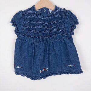 Vintage Y2K Sesame Street Denim Ruffle Embroidered Elmo Dress Blue Girls Sz 6-9m